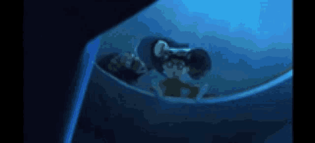 a cartoon character is flying through the air in the water .