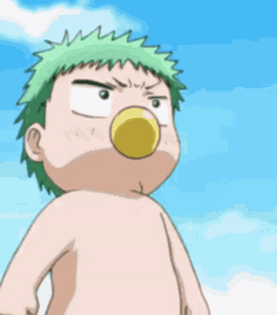 a cartoon character with green hair blowing a yellow bubble gum .