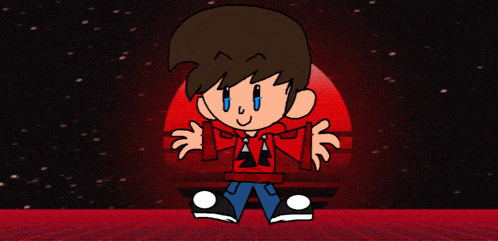 a cartoon character is wearing a red hoodie with the letter a on the front