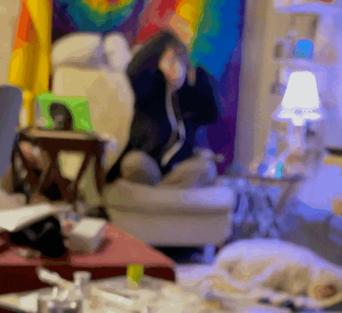 a blurry picture of a person sitting in a chair in front of a rainbow flag