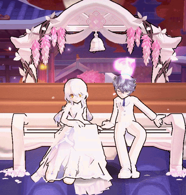 a girl in a white dress sits next to a boy in a white suit on a bench