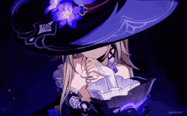 a girl with a purple flower on her hat is covering her face