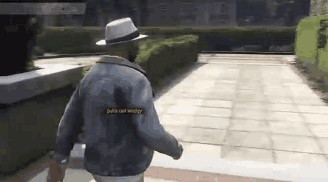 a man wearing a hat and a denim jacket is walking down a sidewalk in a video game