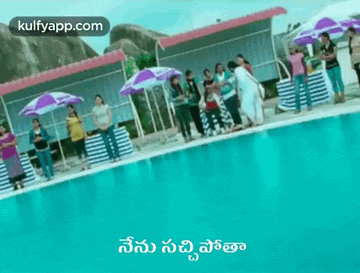 a group of people are standing next to a swimming pool with umbrellas .