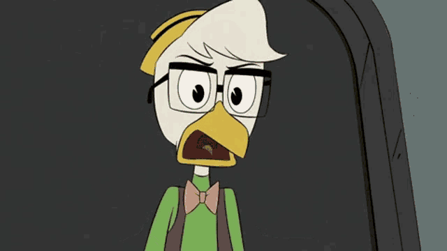 a cartoon duck wearing glasses and suspenders looks angry