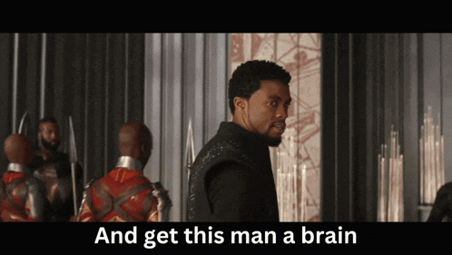 a man stands in front of a group of soldiers with the words and get this man a brain below him