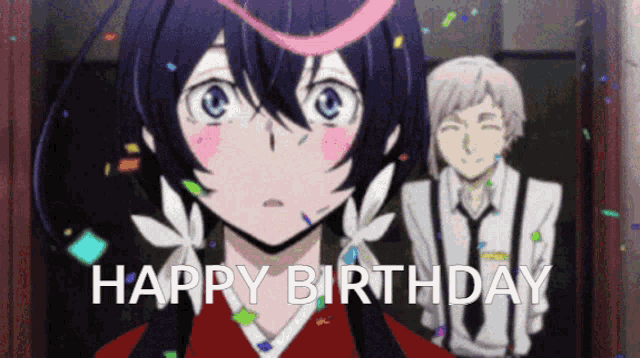a happy birthday greeting with a girl in a red dress
