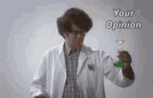 a man in a lab coat is holding a green liquid in a beaker and says your opinion .