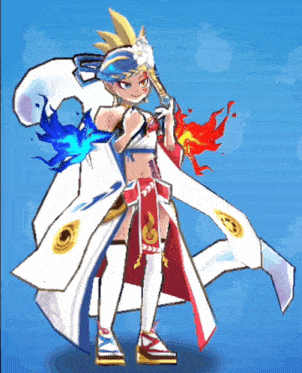 a cartoon character holding a sword and a flame