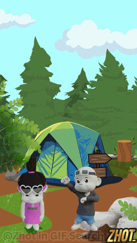 a cartoon of a boy and a girl standing in front of a tent that says zhot in the corner