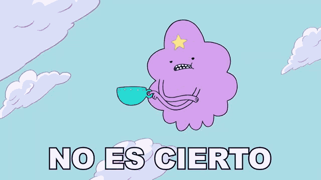 a purple cloud with a star on its head is holding a blue cup and the words es super facil are below it