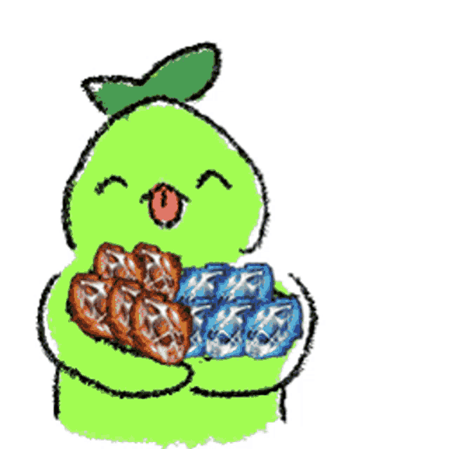 a green cartoon character is holding a plate of food .