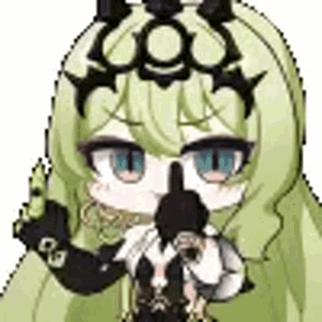 a pixel art illustration of a girl with long green hair holding a gun .