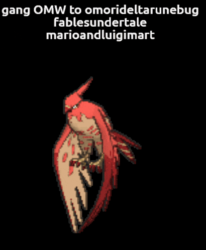 a pixel art of a bird with the words gang omw to omorideltarunebug fablesundertale marioandlugimart