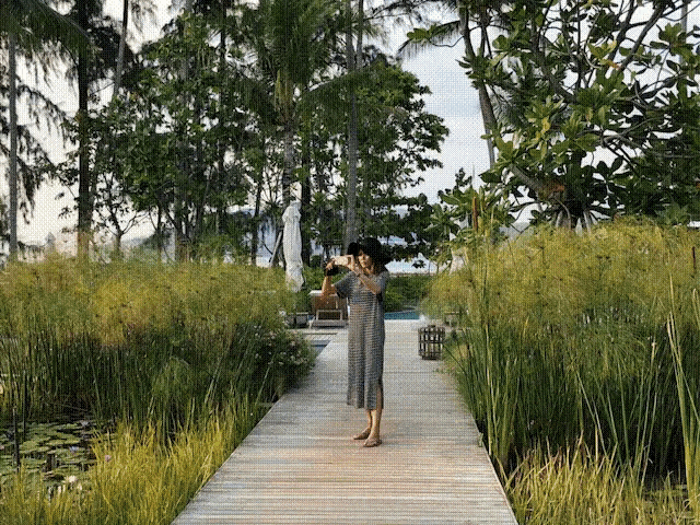 a woman stands on a wooden walkway taking a picture