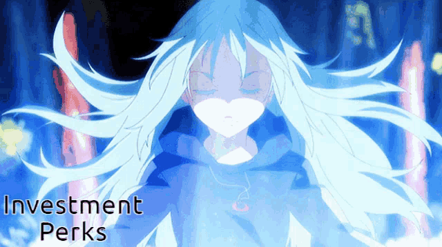 a picture of a girl with long blue hair and the words investment perks
