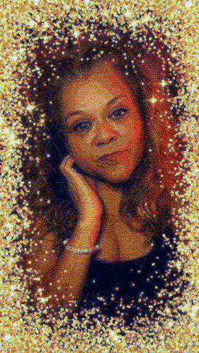 a woman in a black dress is surrounded by glitter and stars