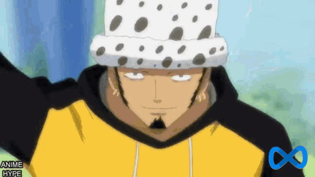a man wearing a yellow hoodie and a white hat with black spots