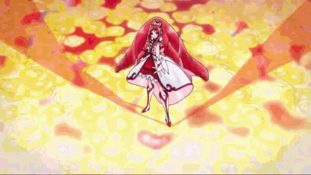 a girl in a red dress is flying through the air in a cartoon .