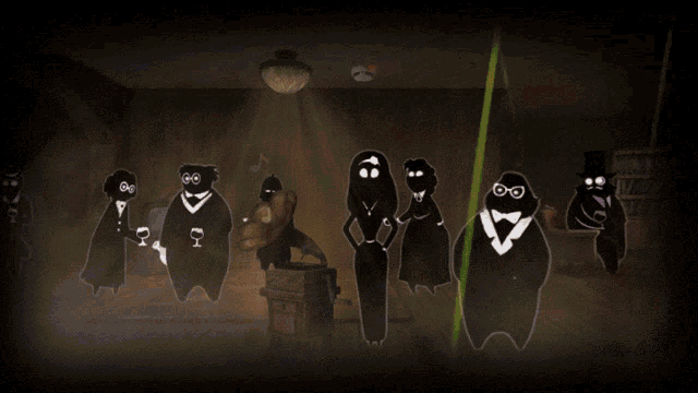 a group of cartoon characters in a dark room