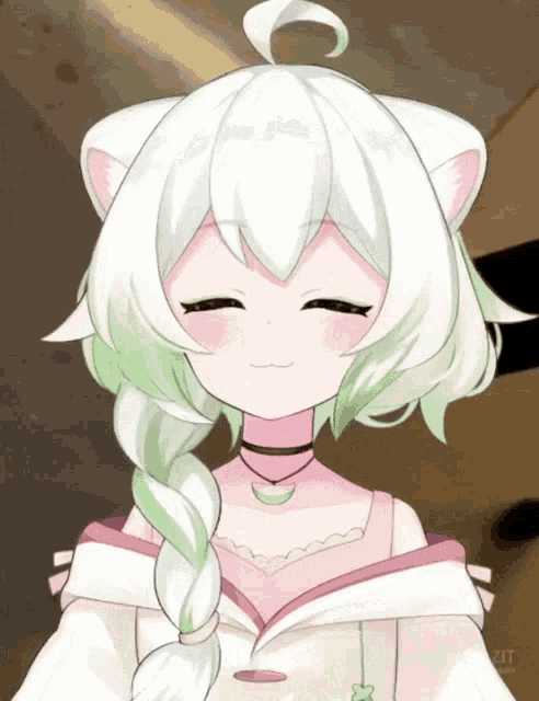 a girl with white hair and green highlights is smiling and wearing a choker