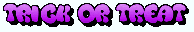 the word trick or treat is written in purple letters on a white background
