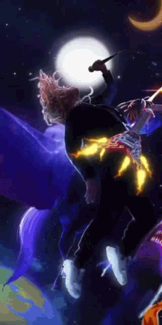 a painting of a person flying through the air with a microphone