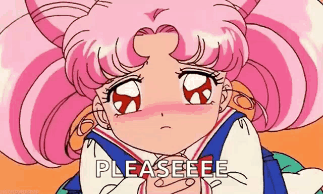 a close up of a cartoon girl with pink hair saying please eee .