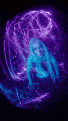 a woman with long blue hair is surrounded by glowing purple lights