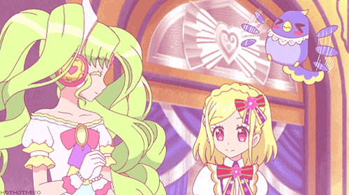 two anime girls are standing next to each other in front of a window with a heart on it ..