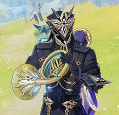 a man in a helmet is holding a french horn in a field .