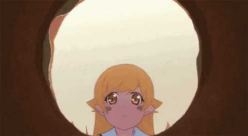 a girl with long blonde hair is looking out of a hole in a wall .