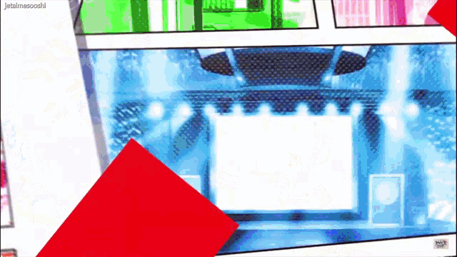 a cartoon drawing of a stage with a red square in the middle of it