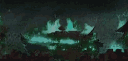 a painting of a boat on fire with green lights