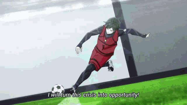 a soccer player is kicking a soccer ball on a field and says `` i will turn this crisis into opportunity '' .