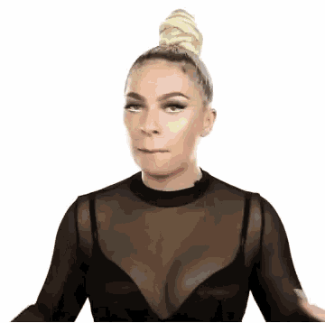 a woman in a black bra and sheer top is making a funny face
