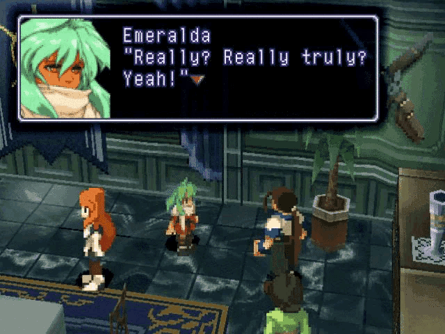 a video game scene with emeralda saying " really ? really truly yeah "