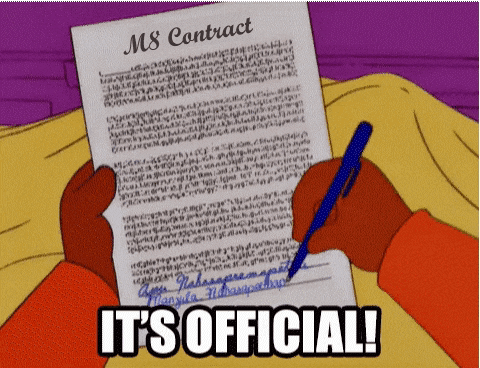 a cartoon of a person signing a m8 contract with the caption " it 's official "