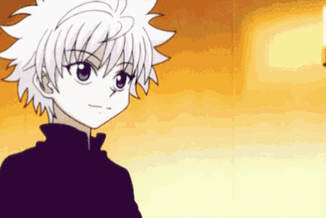 a cartoon character with white hair and blue eyes is looking at the camera