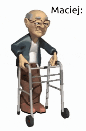 a cartoon of an elderly man using a walker with the word maciej written below him