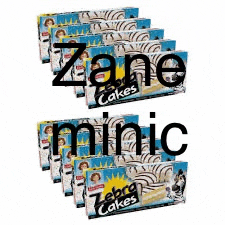 a bunch of boxes of zebra cakes are stacked on top of each other on a white background .