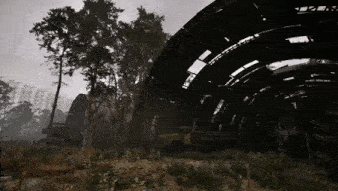 a large building with a roof that is missing is surrounded by trees and grass .