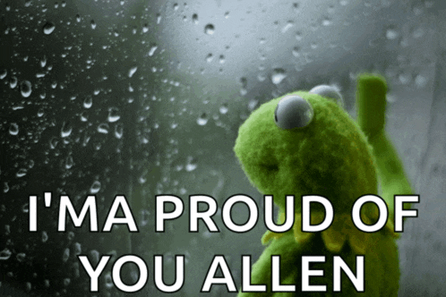 kermit the frog looking out a window with the words i 'm proud of you allen on the bottom