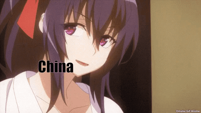 a purple haired anime girl with the word china written on her face