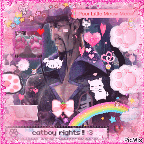 a picture of a man surrounded by pink hearts and paw prints with the caption " poor little meow meow "