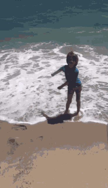 a young boy in a blue shirt is standing on a beach near the ocean .