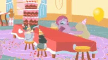 pinkie pie is sitting at a table in a room with a cake and balloons