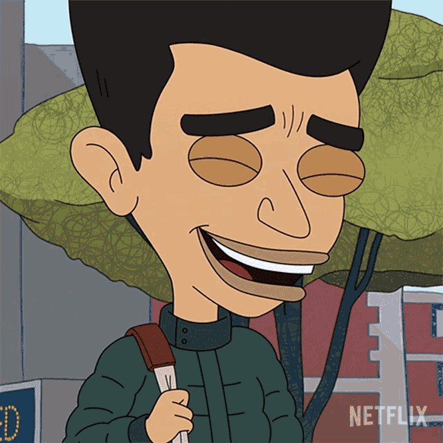 a cartoon of a man with his eyes closed and a netflix logo in the corner