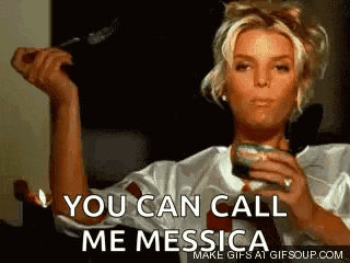 a woman is holding a brush and a cup of coffee and says `` you can call me messica '' .