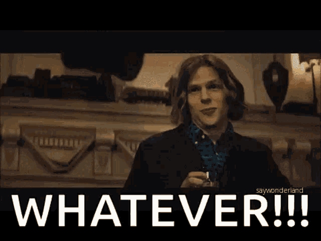 a man in a suit is holding a glass of whiskey and saying `` whatever ! ''